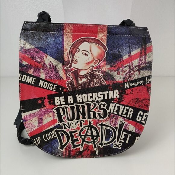☠️💥 BE A ROCKSTAR PUNK'S NOT DEAD MULTI COLOR VEGAN LEATHER SHOULDER BAG PURSE - Picture 4 of 10